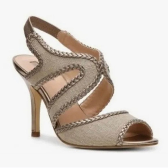 TAHARI Linen and Bronze Heeled Stiletto Sandals size 10 - Picture 1 of 10